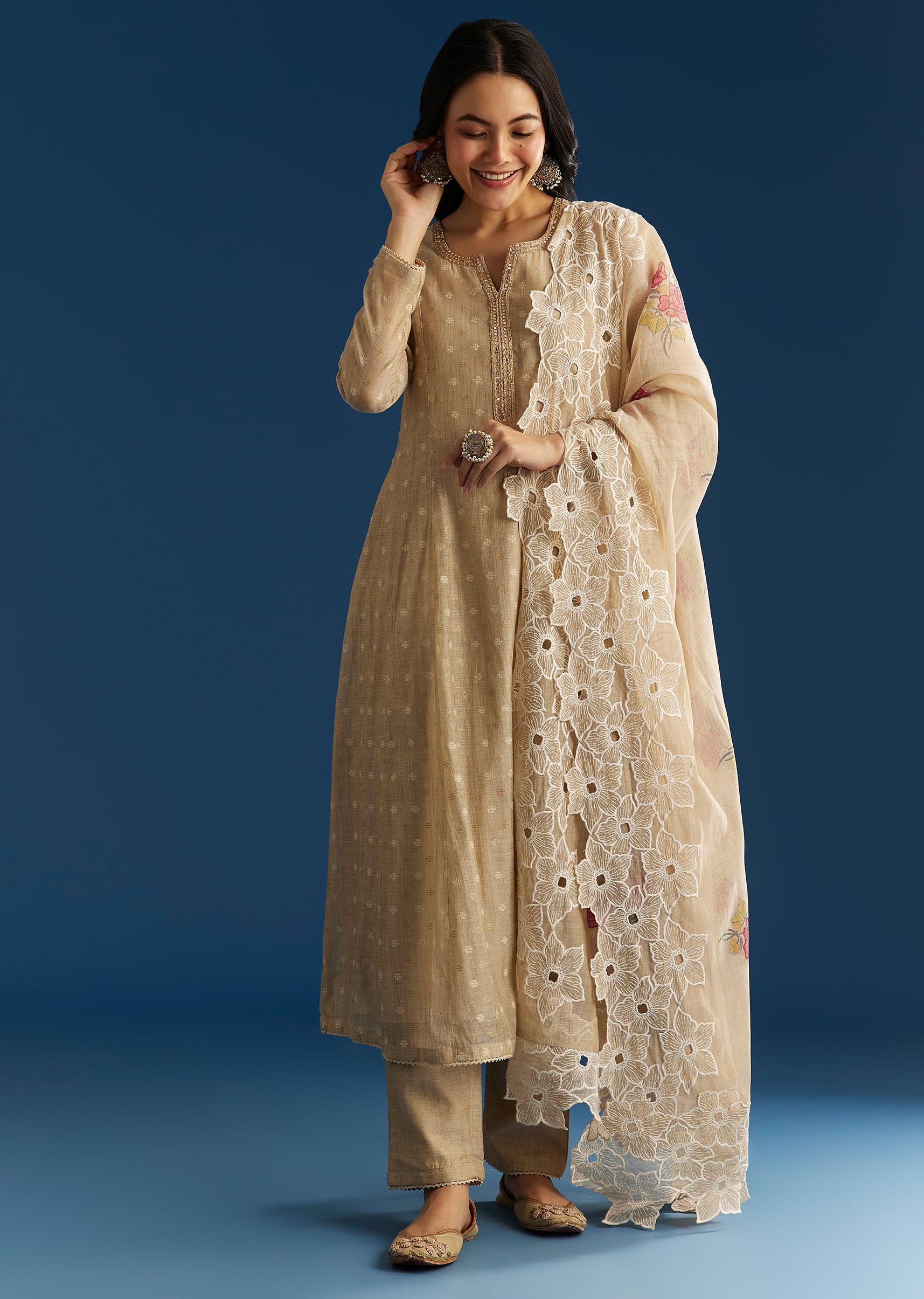 Zehra Beige Jamdani Anarkali with Floral Cutwork Dupatta - Image 2