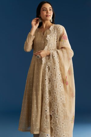 Zehra Beige Jamdani Anarkali with Floral Cutwork Dupatta