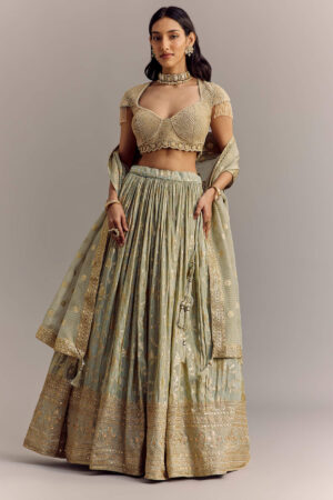 Aira Mint Gold Hand-Embroidered Lehenga Set