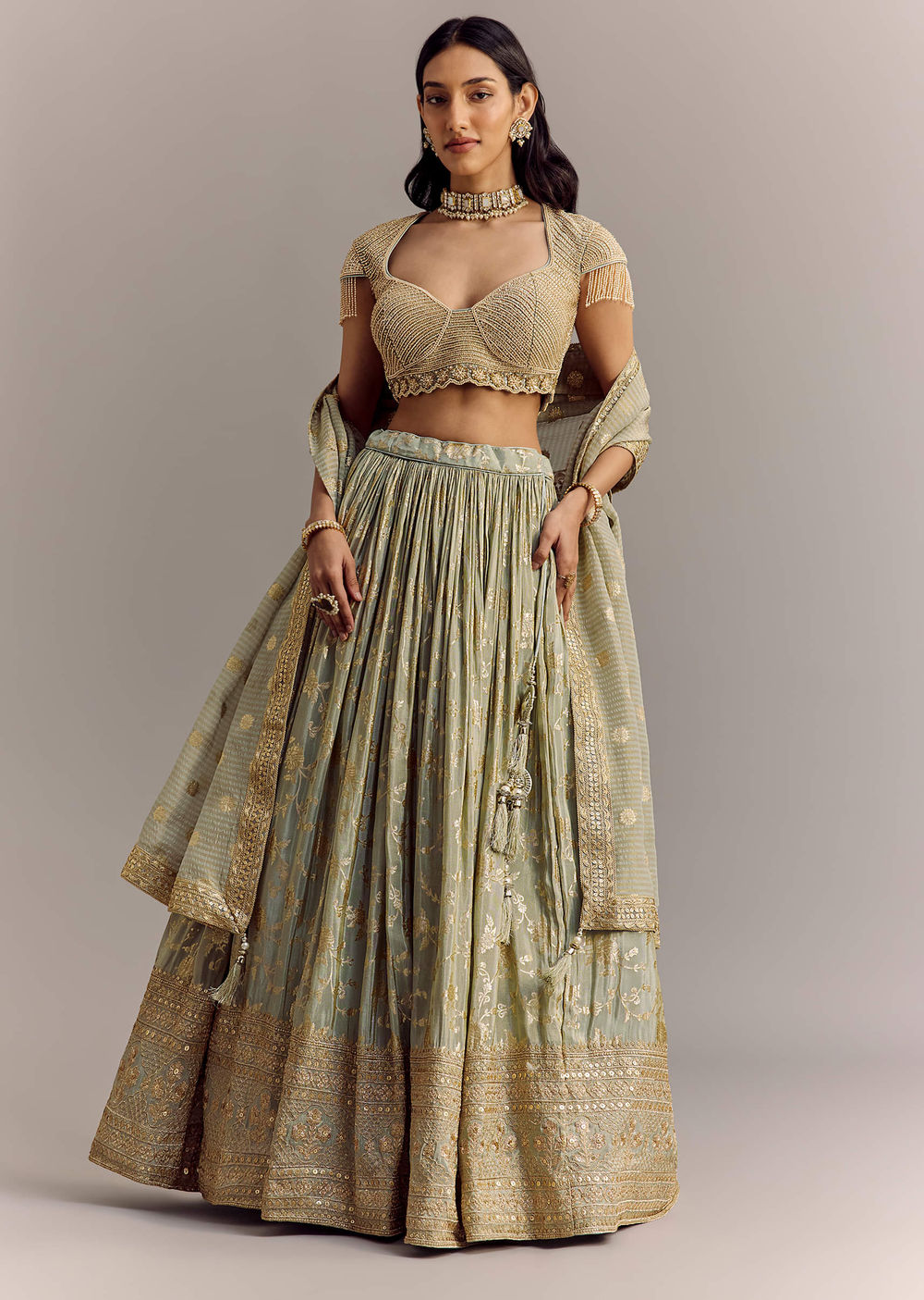Aira Mint Gold Hand-Embroidered Lehenga Set