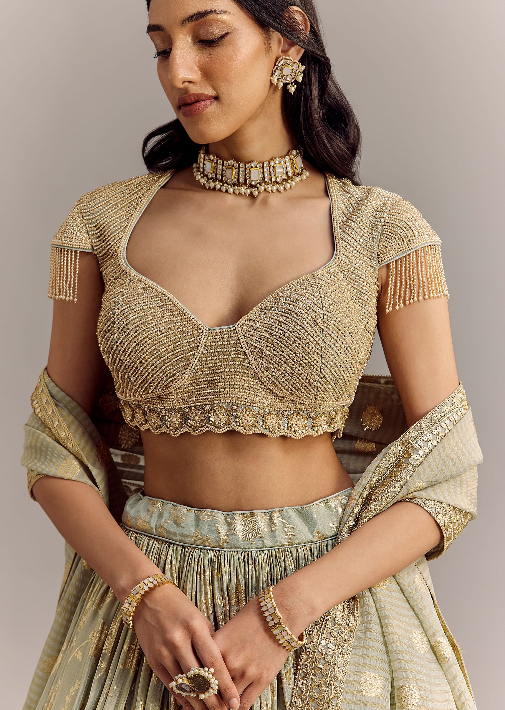 Aira Mint Gold Hand-Embroidered Lehenga Set - Image 4