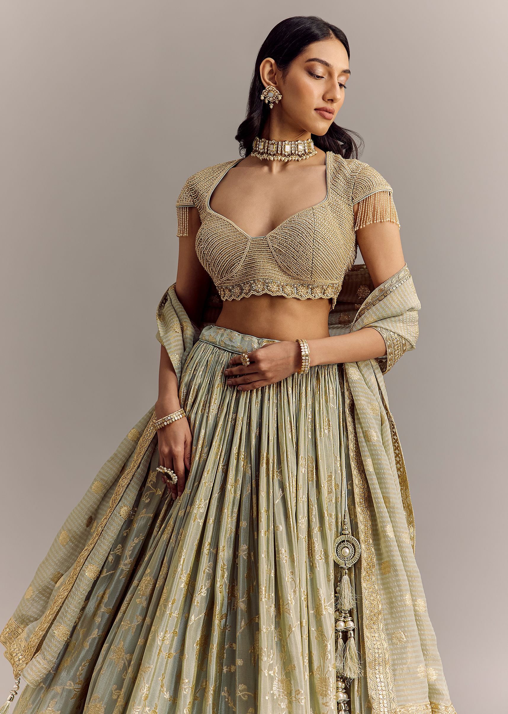 Aira Mint Gold Hand-Embroidered Lehenga Set - Image 3