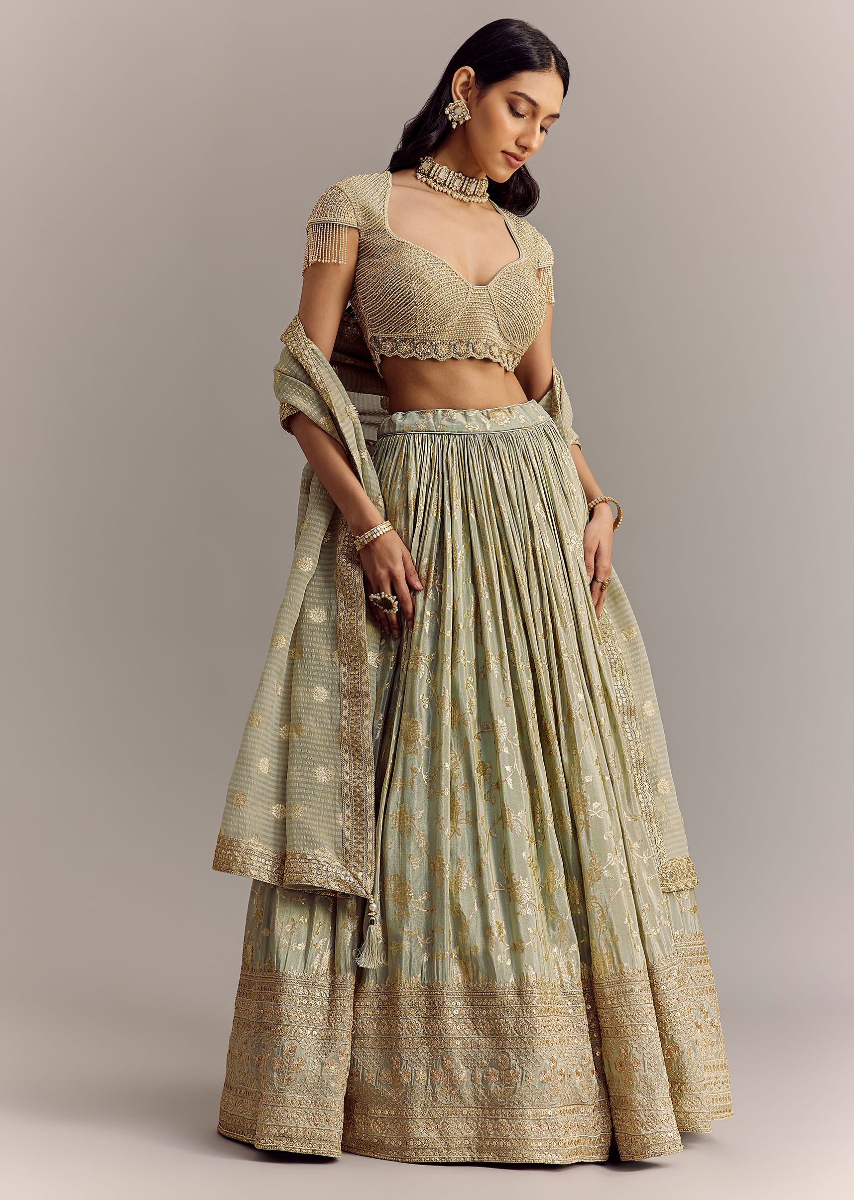 Aira Mint Gold Hand-Embroidered Lehenga Set - Image 2