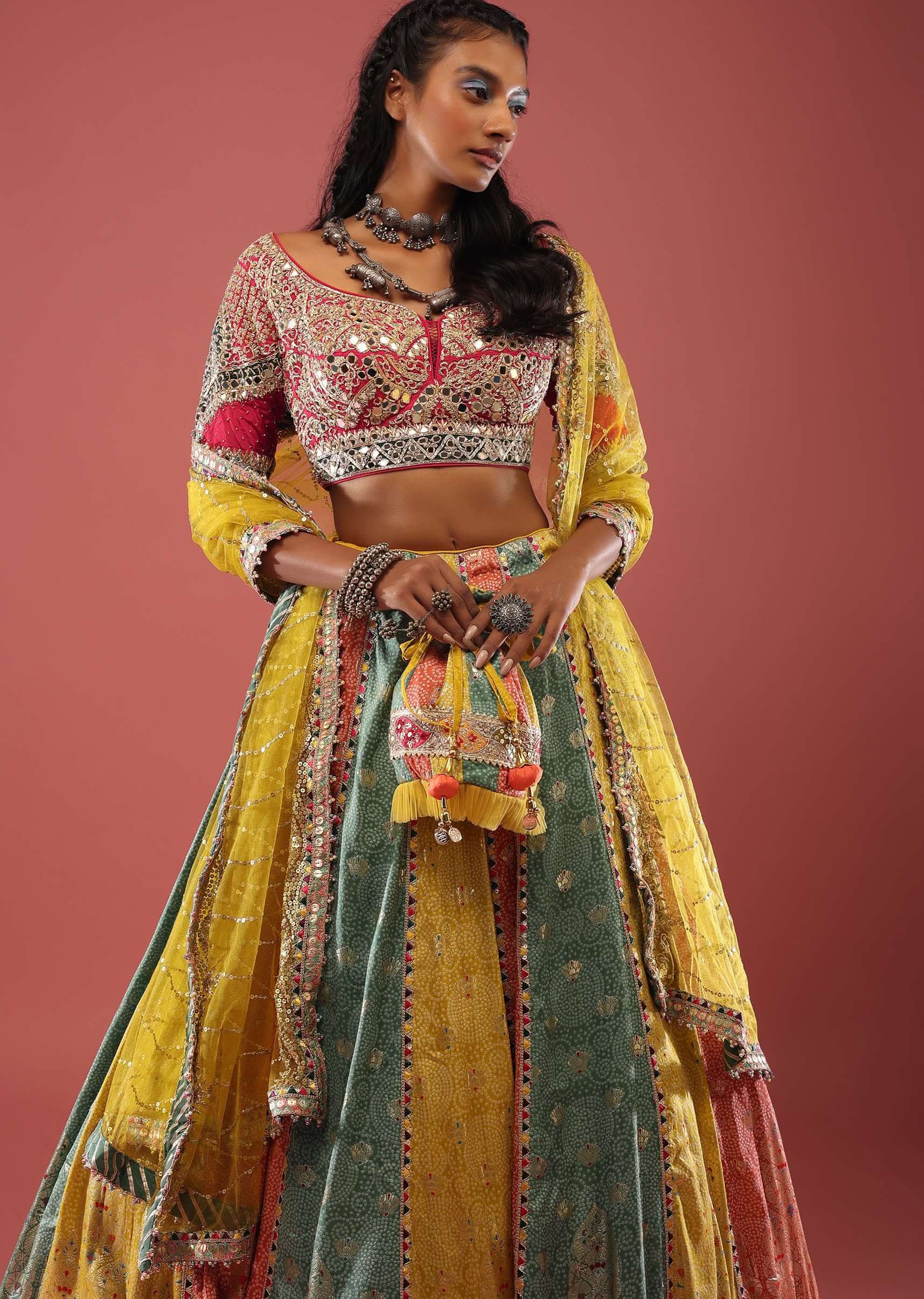 Heritage Royal Multicolour Brocade & Bandhani Patchwork Lehenga - Image 3