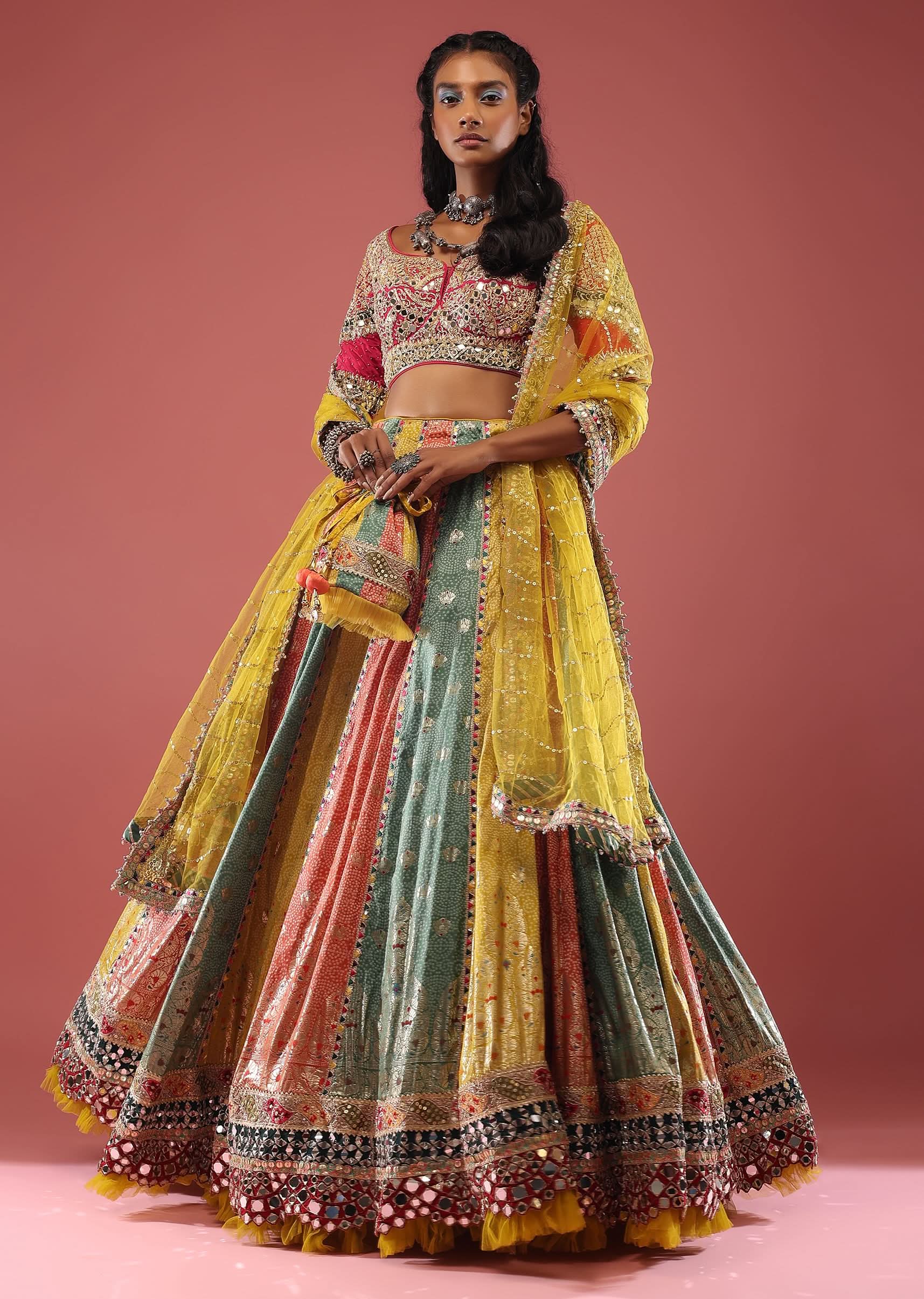 Heritage Royal Multicolour Brocade & Bandhani Patchwork Lehenga - Image 4