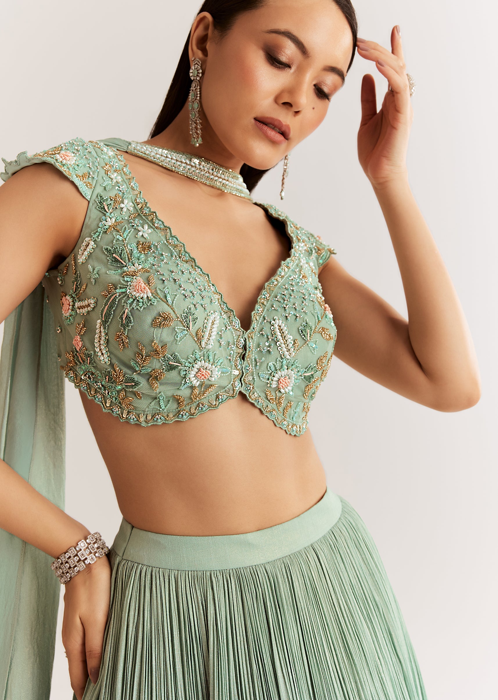 Celestial Mint Green French Tissue Pleated Lehenga - Image 3