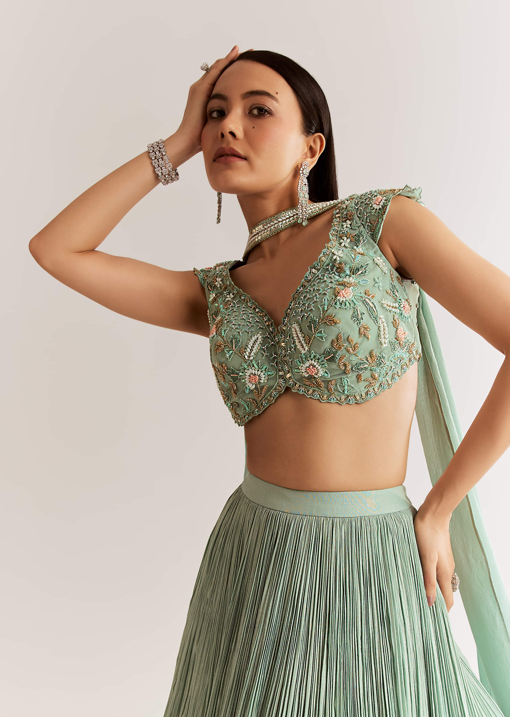 Celestial Mint Green French Tissue Pleated Lehenga - Image 4