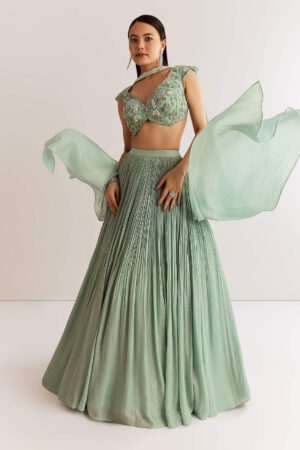 Celestial Mint Green French Tissue Pleated Lehenga