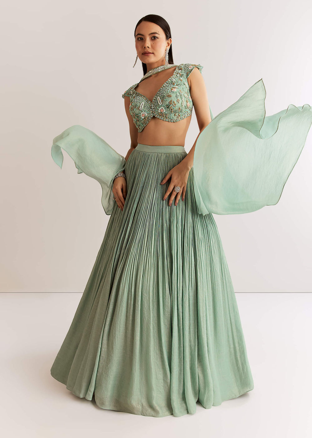 Celestial Mint Green French Tissue Pleated Lehenga