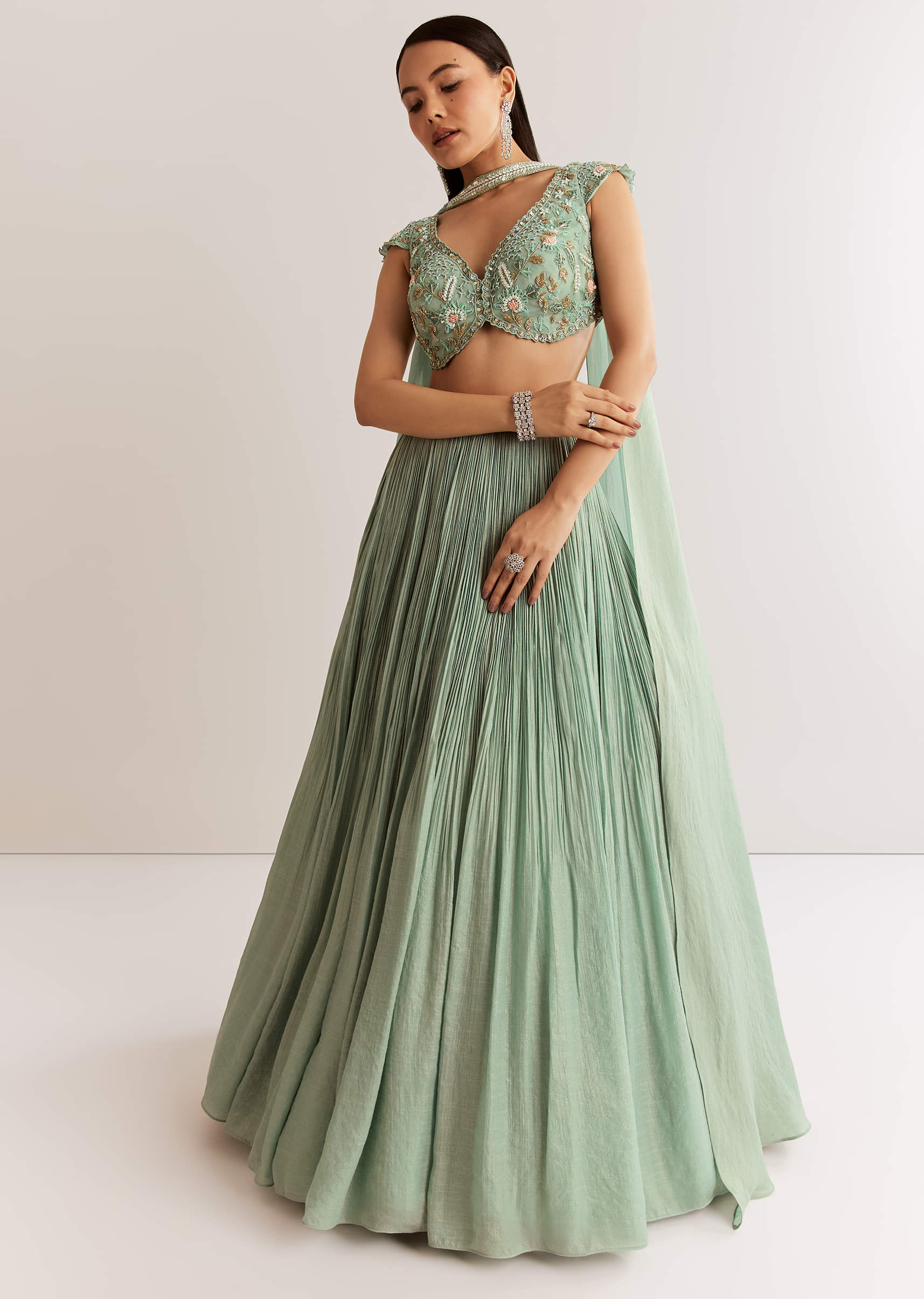 Celestial Mint Green French Tissue Pleated Lehenga - Image 2