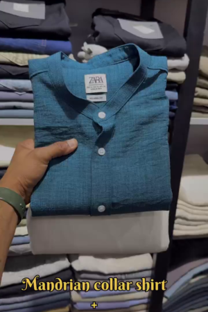 ZARA Premium Mandarin Collar Shirt with Classic White Linen Trousers – Teal Blue Set