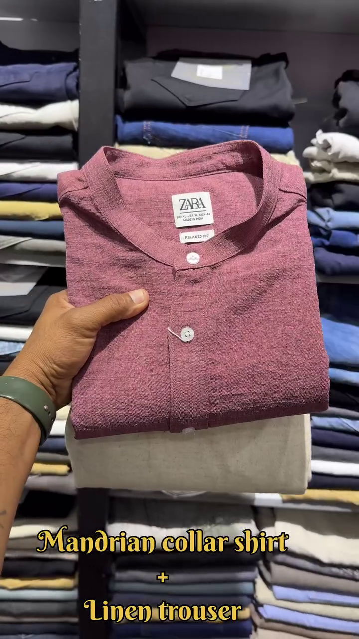 ZARA Premium Mandarin Collar Shirt with Classic White Linen Trousers – Teal Blue Set - Image 2