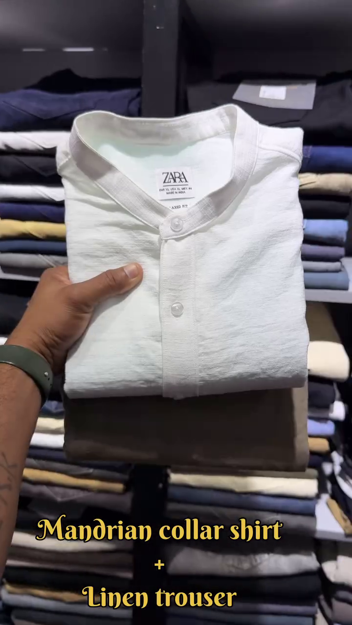 ZARA Premium Mandarin Collar Shirt with Classic White Linen Trousers – Teal Blue Set - Image 4