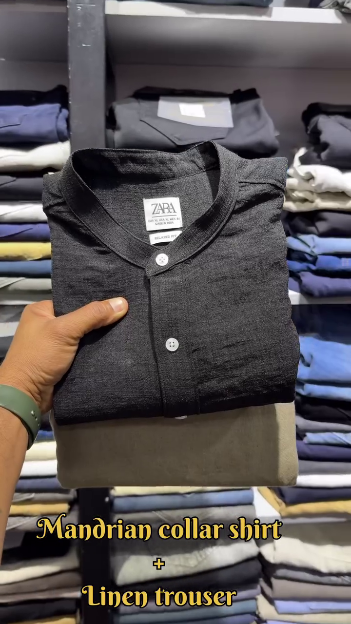 ZARA Premium Mandarin Collar Shirt with Classic White Linen Trousers – Teal Blue Set - Image 5