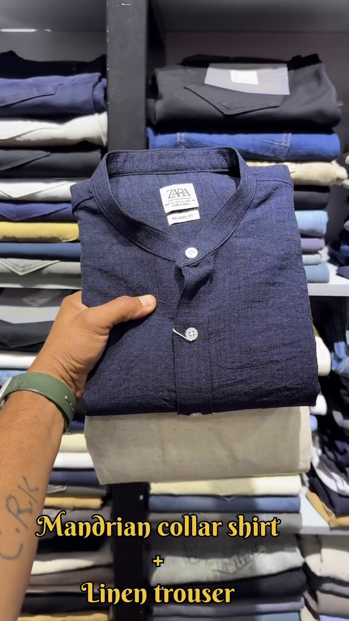 ZARA Premium Mandarin Collar Shirt with Classic White Linen Trousers – Teal Blue Set - Image 6