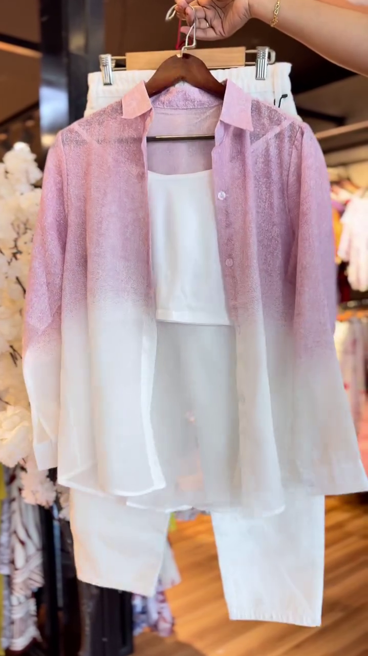 Ombre Pink & White Sheer Button-Up Shirt with White Inner Tank and Tapered Trousers 🌷👔