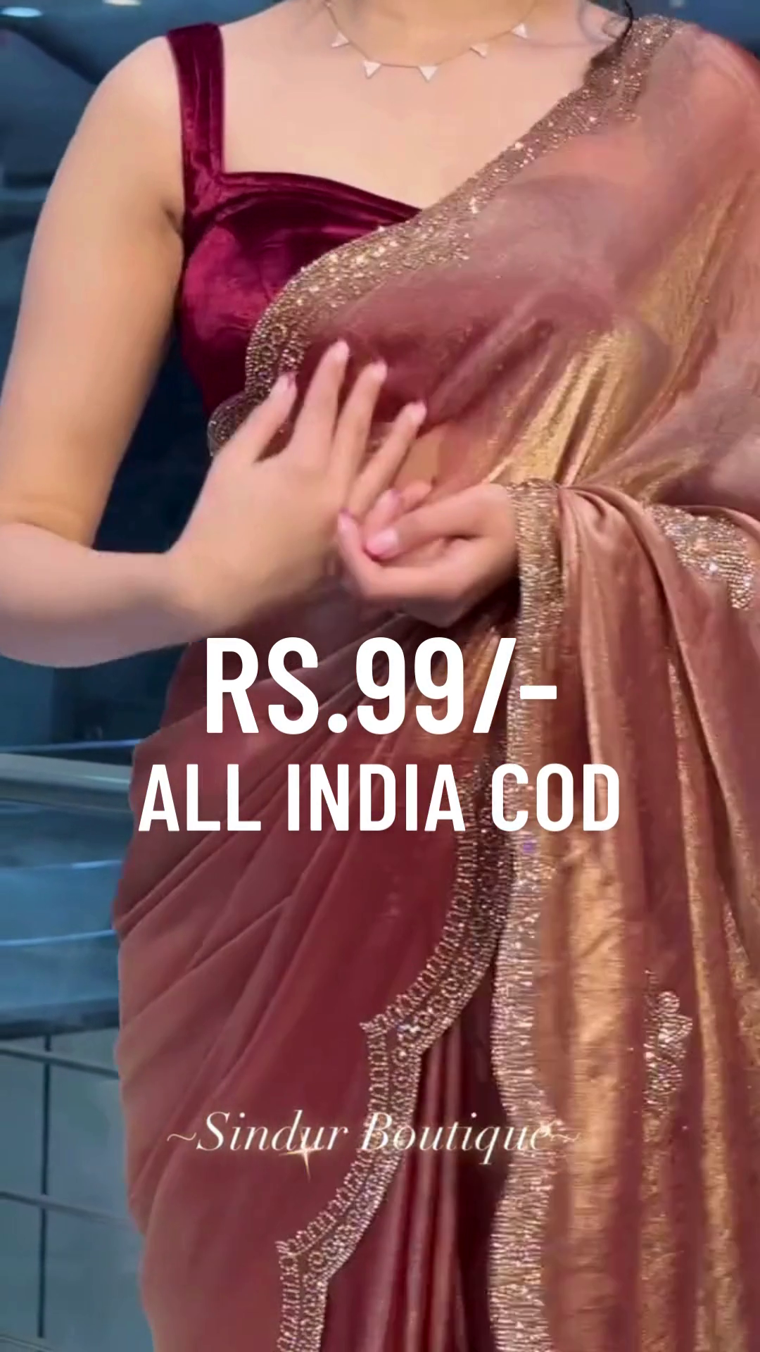 Designer Velvet Maroon Saree with Gold Embroidered Pallu – Elegant Party Wear Saree for Women |Ready to Wear - Image 3