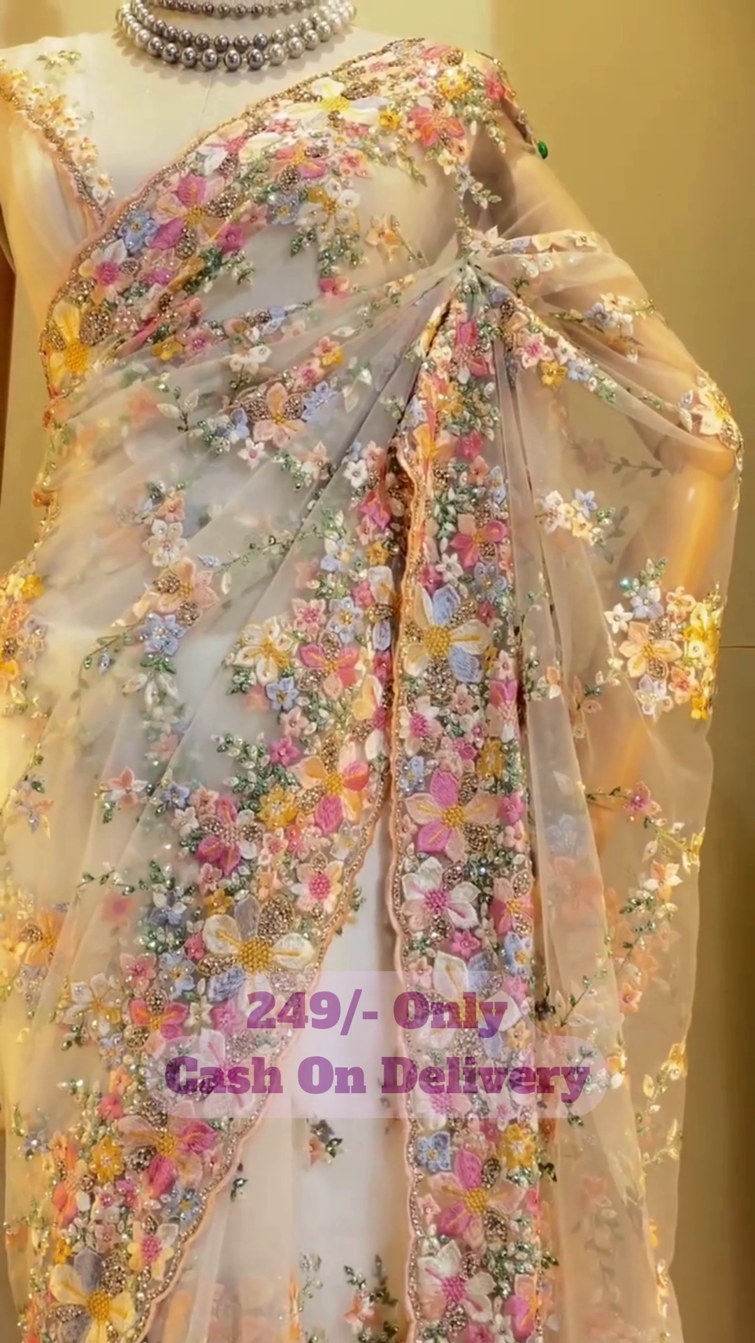 Heavy Embroidered Yellow Net Saree with Multicolour 3D Floral Work and Beads – Festive Traditional Wear - Image 4