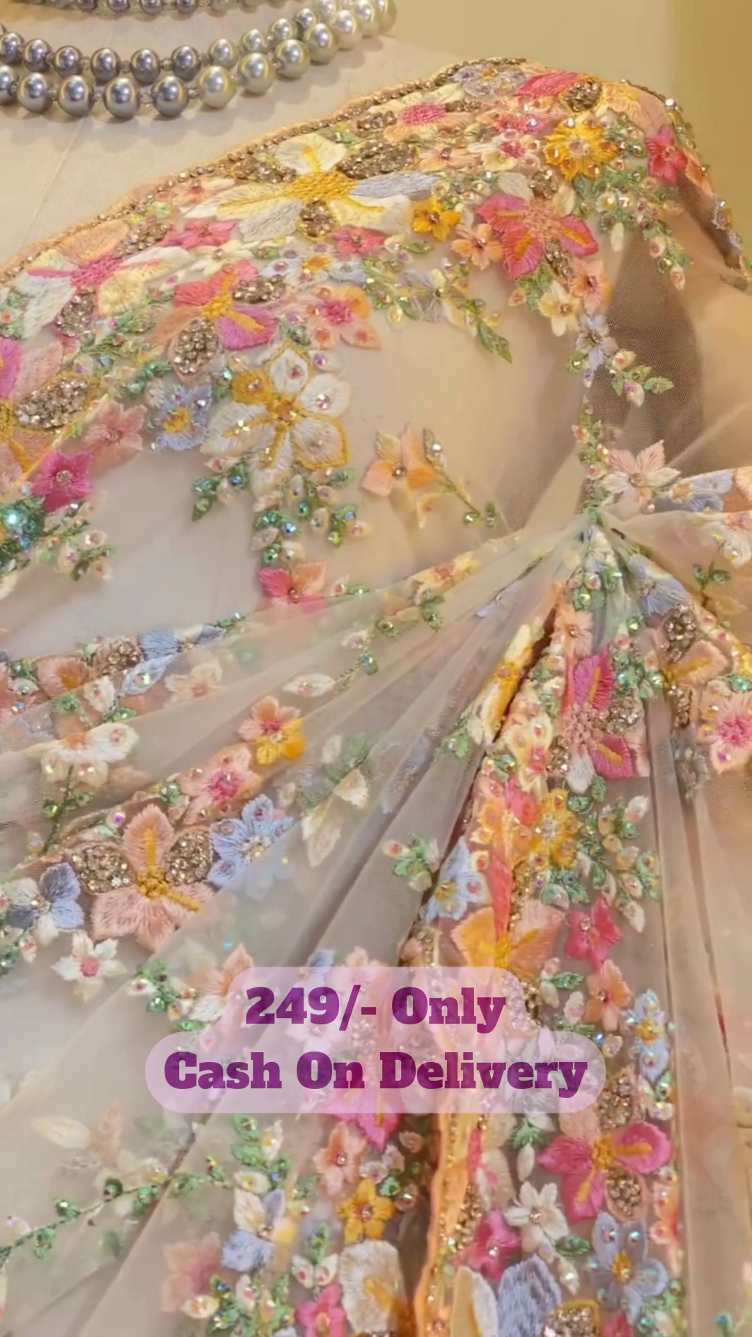 Heavy Embroidered Yellow Net Saree with Multicolour 3D Floral Work and Beads – Festive Traditional Wear - Image 3