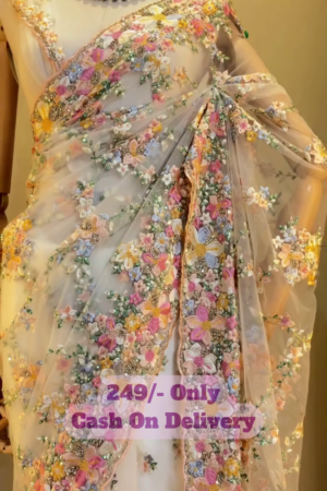 Heavy Embroidered Yellow Net Saree with Multicolour 3D Floral Work and Beads – Festive Traditional Wear