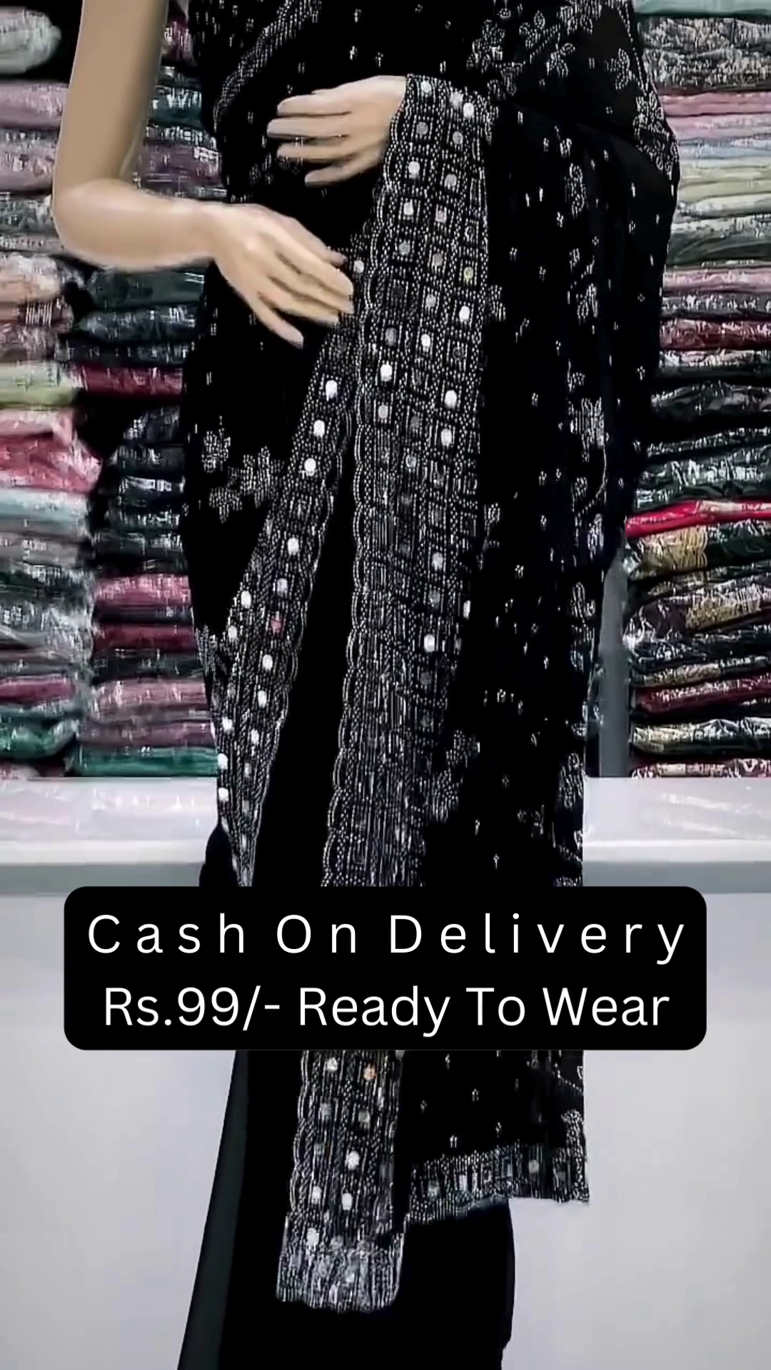 Black Sequin and Mirror Work Embroidered Saree – Glamorous Ready-to-Wear Indian Saree for Women | Party Special - Image 3