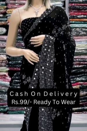 Black Sequin and Mirror Work Embroidered Saree – Glamorous Ready-to-Wear Indian Saree for Women | Party Special