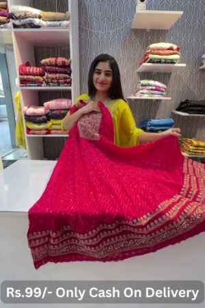 Royal Rajasthani Bandhej Anarkali Gown Set with Dupatta – Traditional Mirror & Gota Work