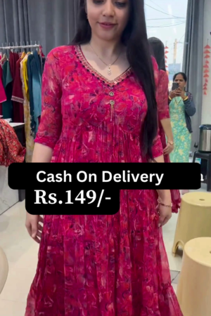Elegant Red Floral Cotton Frock Kurti Dress – Front Button Pattern