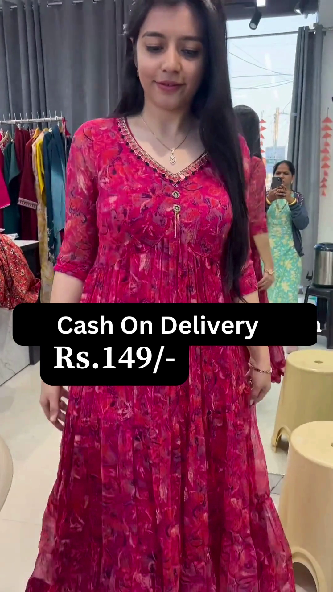 Elegant Red Floral Cotton Frock Kurti Dress – Front Button Pattern