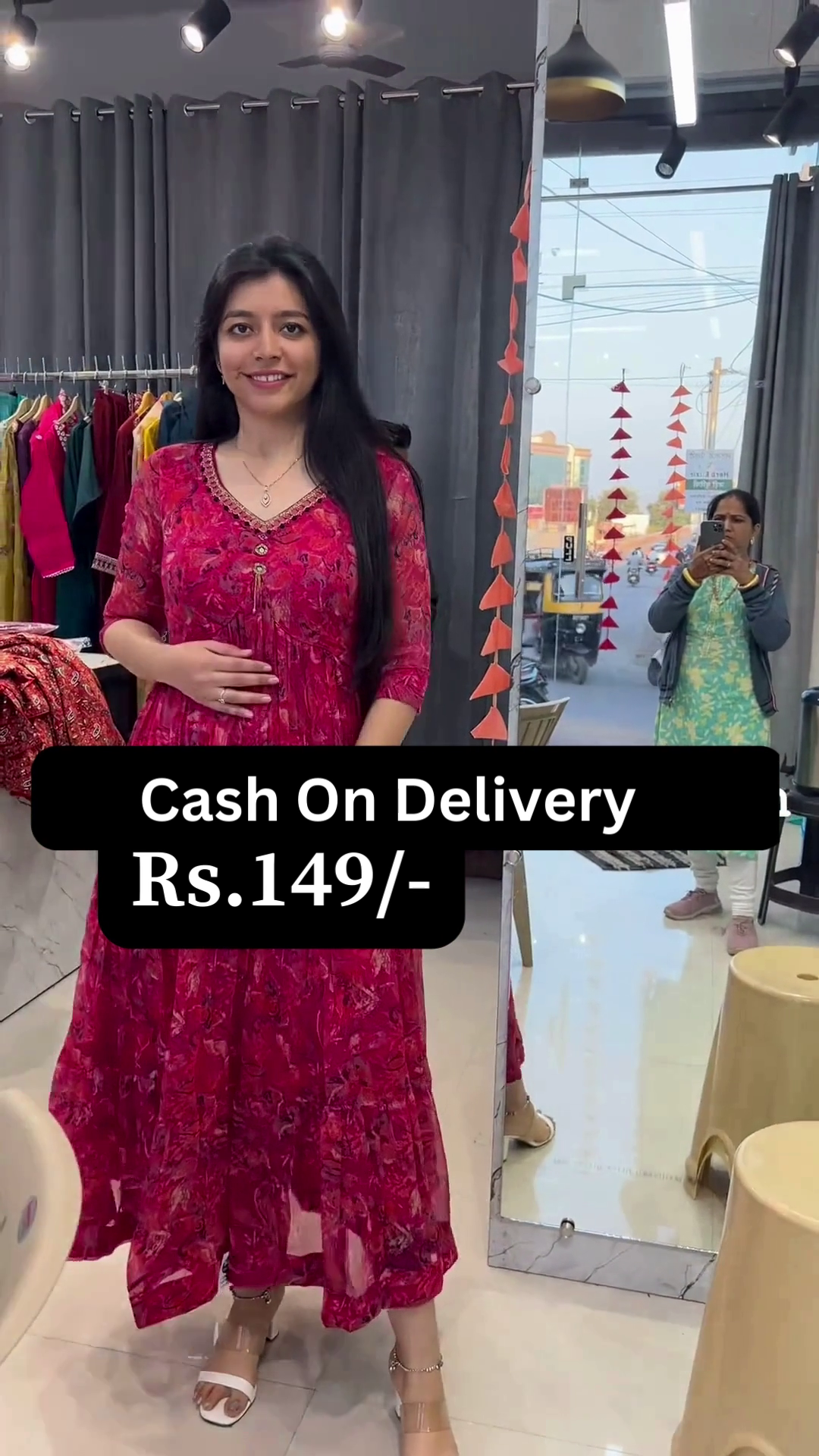 Elegant Red Floral Cotton Frock Kurti Dress – Front Button Pattern - Image 2