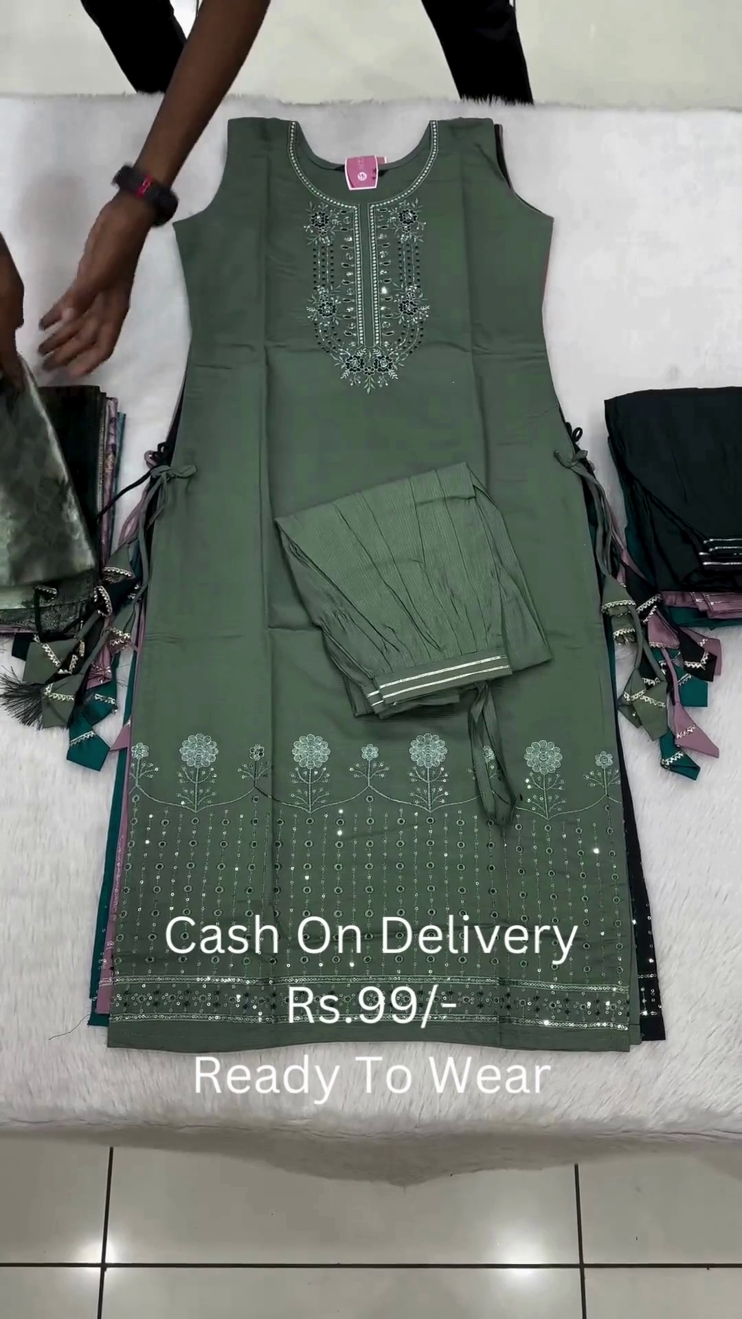 Teal Green Sleeveless Embroidered Kurti Set with Printed Dupatta