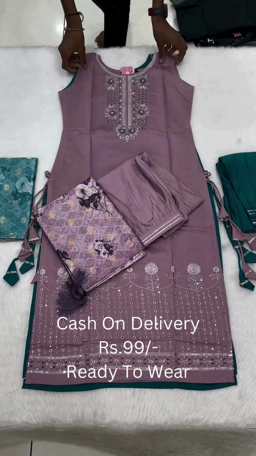 Teal Green Sleeveless Embroidered Kurti Set with Printed Dupatta - Image 3