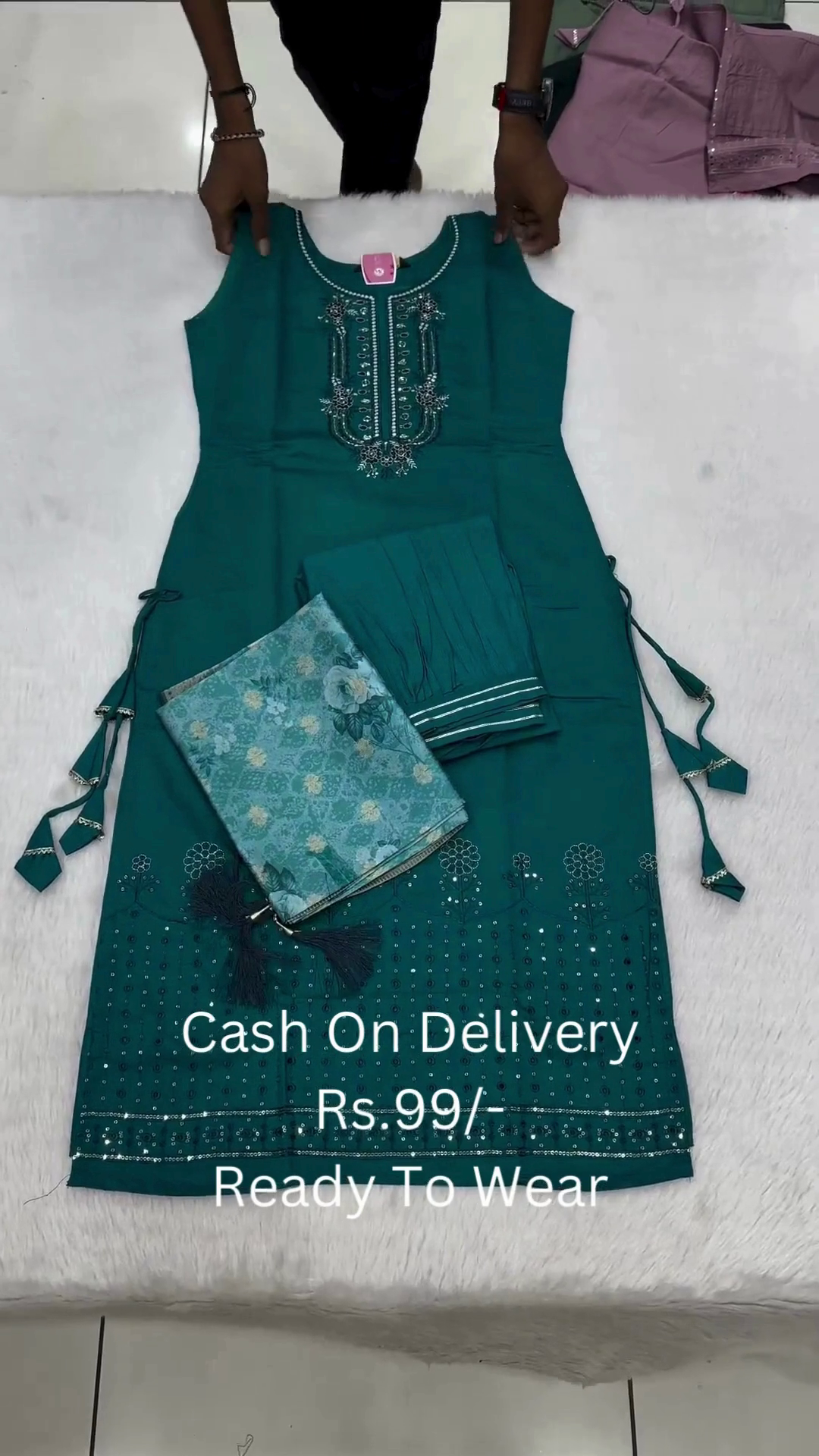 Teal Green Sleeveless Embroidered Kurti Set with Printed Dupatta - Image 4