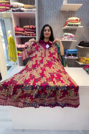 Floral Maroon Anarkali Kurta with Heavy Lace and Sequin Detailing