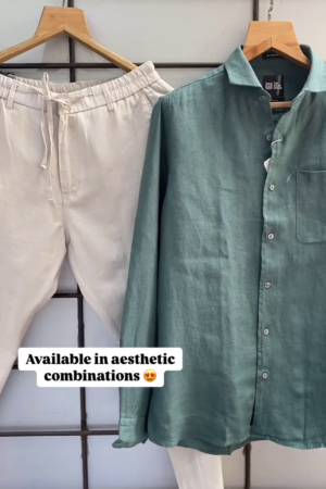 Premium Pure Linen Shirt & Comfort-Fit Drawstring Trouser Set for Men – Elegant Pastel Green Shirt with Classic Beige Pants | Breathable Summer Outfit | Casual & Semi-Formal Wear