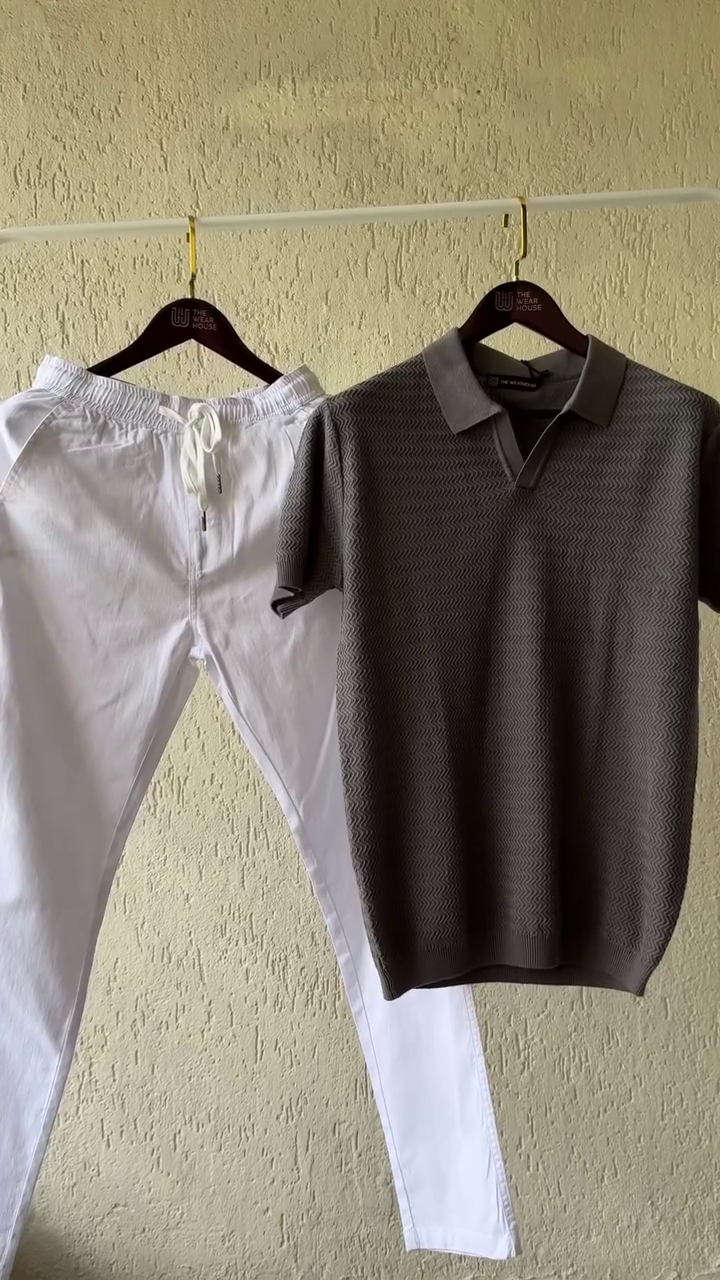 Monochrome Charm – Textured Grey Knit Collar Polo with Crisp White Drawstring Cotton Pants for Men