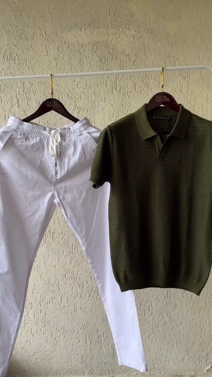 Monochrome Charm – Textured Grey Knit Collar Polo with Crisp White Drawstring Cotton Pants for Men - Image 3