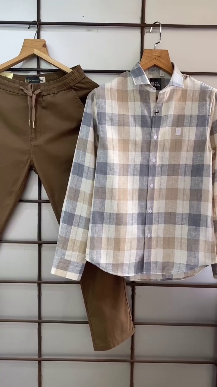 🤎🤍 Earth Tone Elegance – Multi-Stripe Linen Blend Shirt with Stretchable Brown Tapered Jogger Pants for Men - Image 2