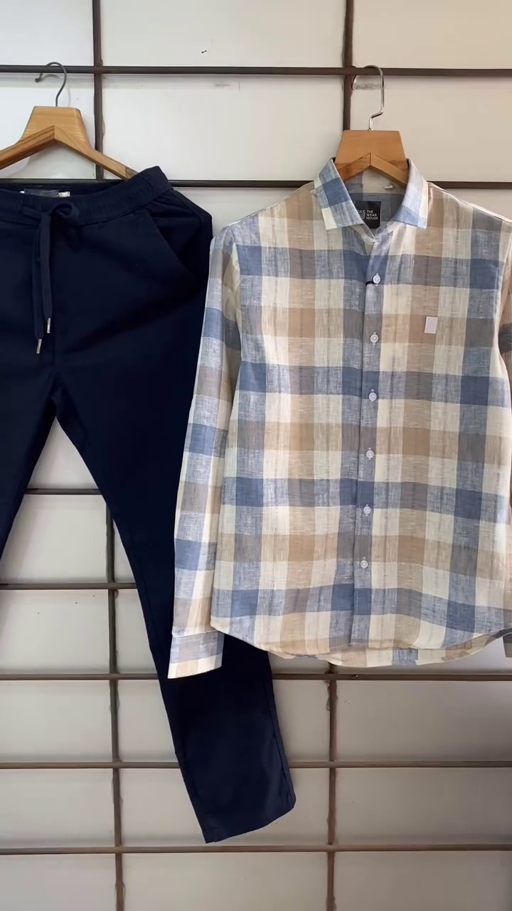 🤎🤍 Earth Tone Elegance – Multi-Stripe Linen Blend Shirt with Stretchable Brown Tapered Jogger Pants for Men