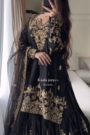Elegant Black Kaala Jora Anarkali Set with Intricate Golden Zari Embroidery, Net Dupatta & Regal Ethnic Detailing – A Perfect Festive & Wedding Wear Ensemble for Women"