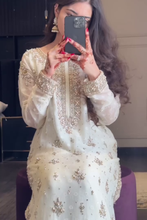 ✨ Royal White and Golden Handcrafted Chiffon Kameez with Exquisite Thread, Pearl, and Sequin Embroidery Paired with Organza Dupatta and Silk Trouser ✨