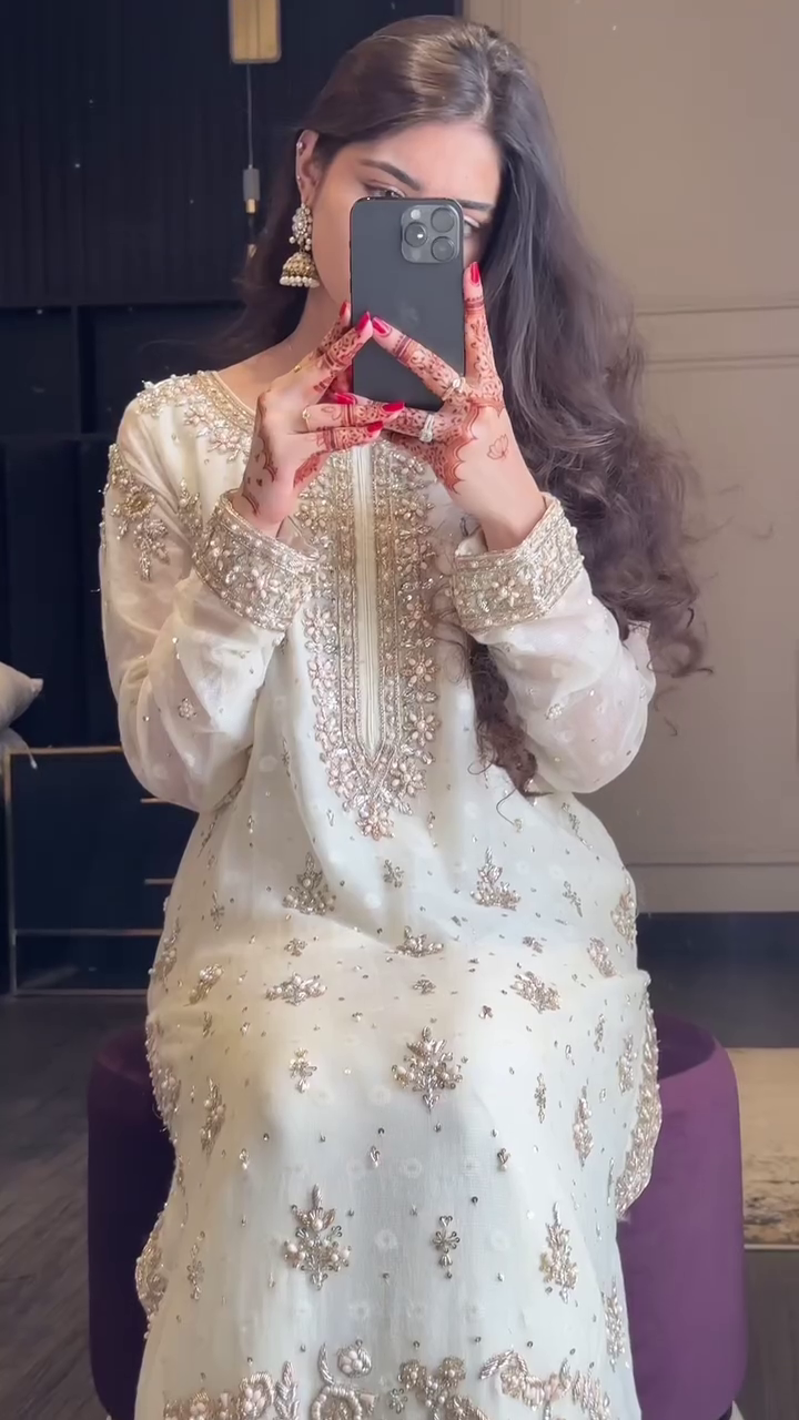 ✨ Royal White and Golden Handcrafted Chiffon Kameez with Exquisite Thread, Pearl, and Sequin Embroidery Paired with Organza Dupatta and Silk Trouser ✨