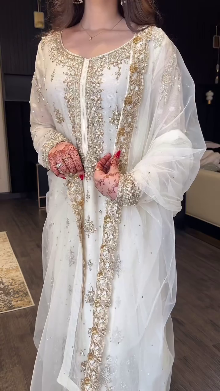✨ Royal White and Golden Handcrafted Chiffon Kameez with Exquisite Thread, Pearl, and Sequin Embroidery Paired with Organza Dupatta and Silk Trouser ✨ - Image 2