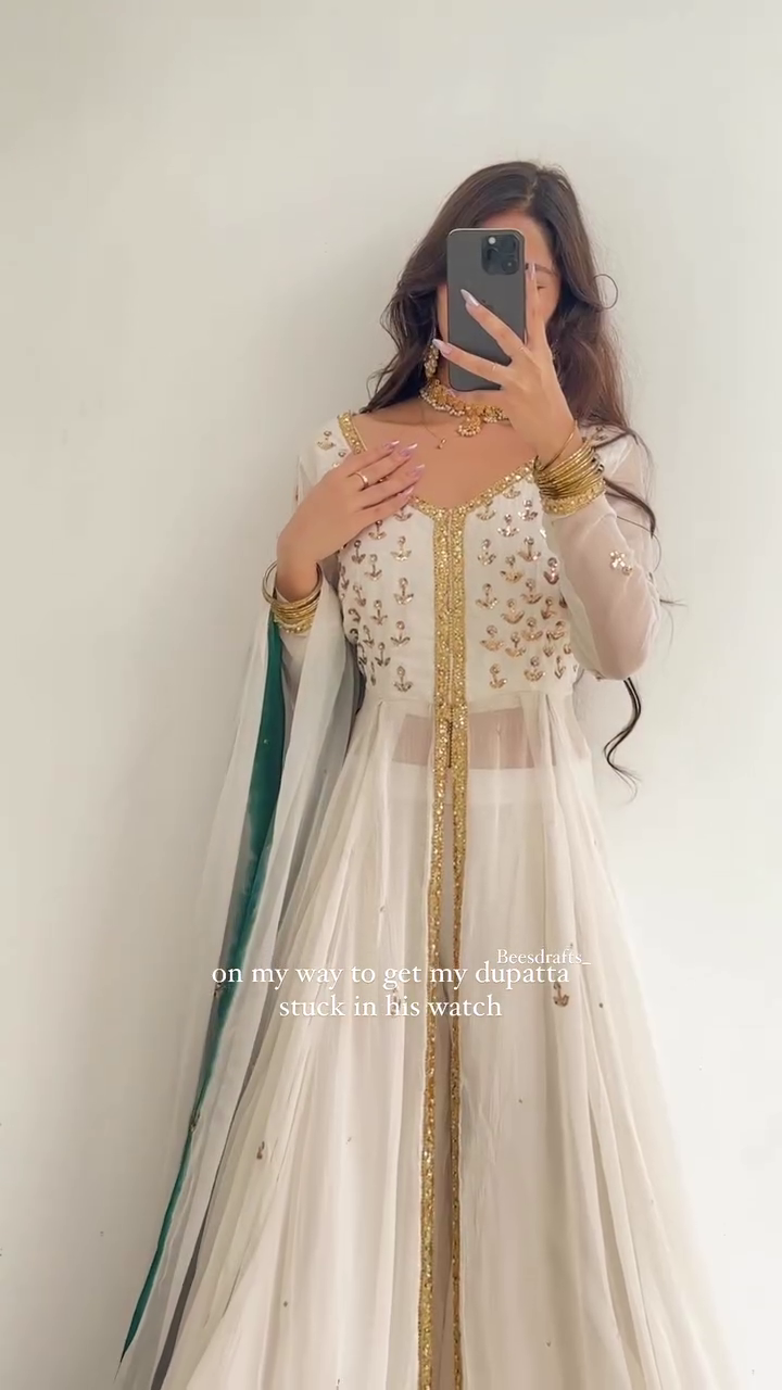 Royal White & Gold Anarkali Dress with Embroidered Bodice, Golden Sequin Border & Contrast Green Dupatta – A Timeless Ethnic Outfit for Festive & Wedding Celebrations - Image 5