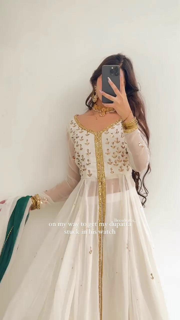 Royal White & Gold Anarkali Dress with Embroidered Bodice, Golden Sequin Border & Contrast Green Dupatta – A Timeless Ethnic Outfit for Festive & Wedding Celebrations - Image 4