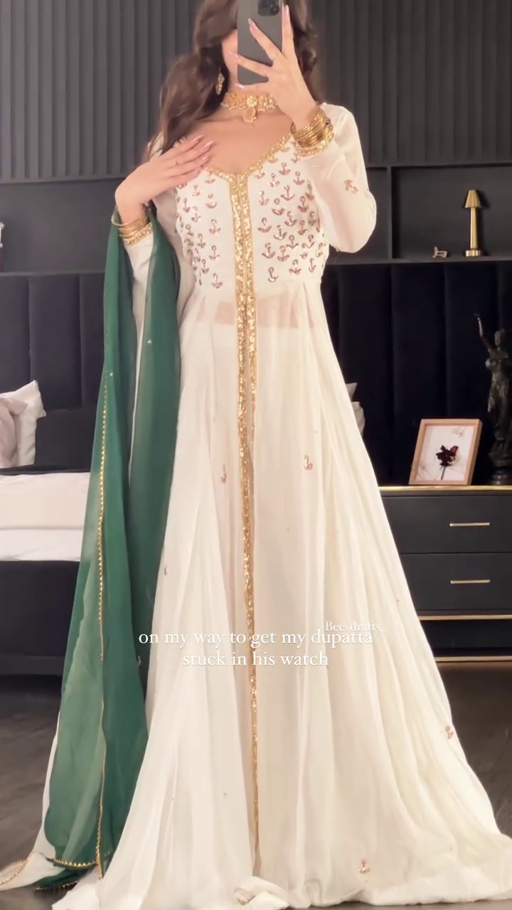 Royal White & Gold Anarkali Dress with Embroidered Bodice, Golden Sequin Border & Contrast Green Dupatta – A Timeless Ethnic Outfit for Festive & Wedding Celebrations