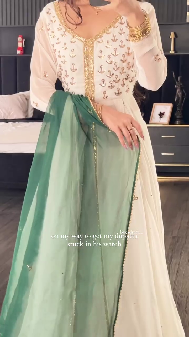 Royal White & Gold Anarkali Dress with Embroidered Bodice, Golden Sequin Border & Contrast Green Dupatta – A Timeless Ethnic Outfit for Festive & Wedding Celebrations - Image 3