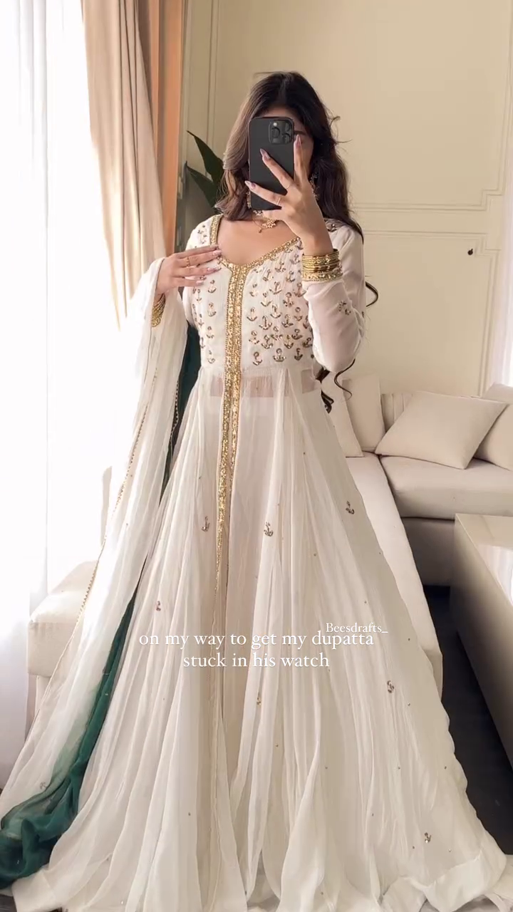 Royal White & Gold Anarkali Dress with Embroidered Bodice, Golden Sequin Border & Contrast Green Dupatta – A Timeless Ethnic Outfit for Festive & Wedding Celebrations - Image 2