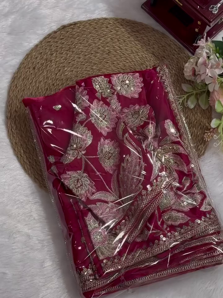 ✨ Organza Embroidered Sequin Work Saree With Heavy Designer Blouse - Image 13