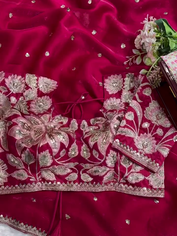 ✨ Organza Embroidered Sequin Work Saree With Heavy Designer Blouse - Image 11